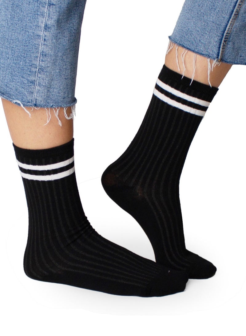 Prickly Pear Black Athletic Crew Sock With Stripes - Image 1