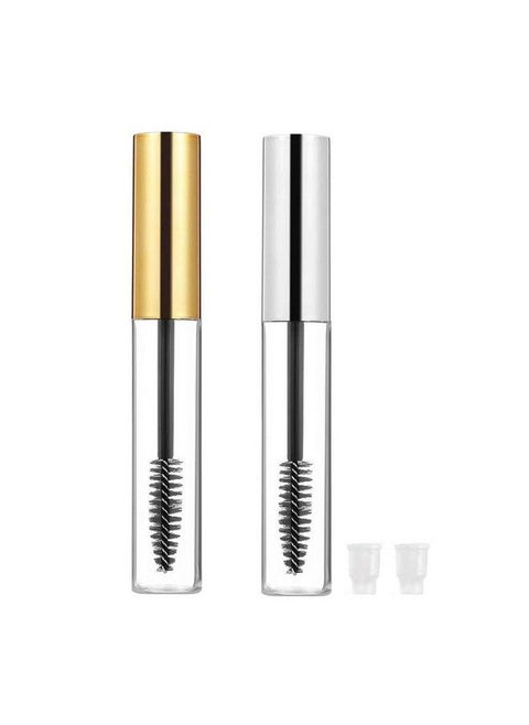 10Ml Empty Plastic Diy Mascara Tube Eyelash Cream Wand Container Bottle Vials With Brush With Plugs ; Funnels For Castor Oil ; Eyelash Growth Makeup Containers (Gold + Silver)