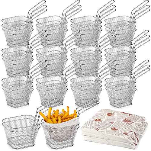 40 Pcs Mini Square Fry Basket with 400 Pcs Wax Paper Sheets French Fries Deli Paper Steel French Fry Holder Sandwich Wrapping Food Basket Liners with Handle for Serving