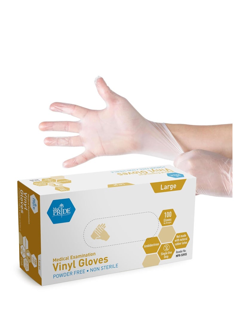 Medpride - MED PRIDE Medical Vinyl Examination Gloves (Large, 100-Count) Latex & Rubber Free, Ultra-Strong, Clear Disposable Powder-Free Gloves for Healthcare & Food Handling Use - Image 1