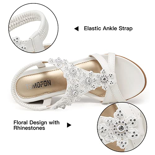 TEMOFON Women's Low Wedge Heels Summer Dressy Platform Sandals Elastic Ankle Strap Open Toe Flower Shoes White Size 8 - Image 4