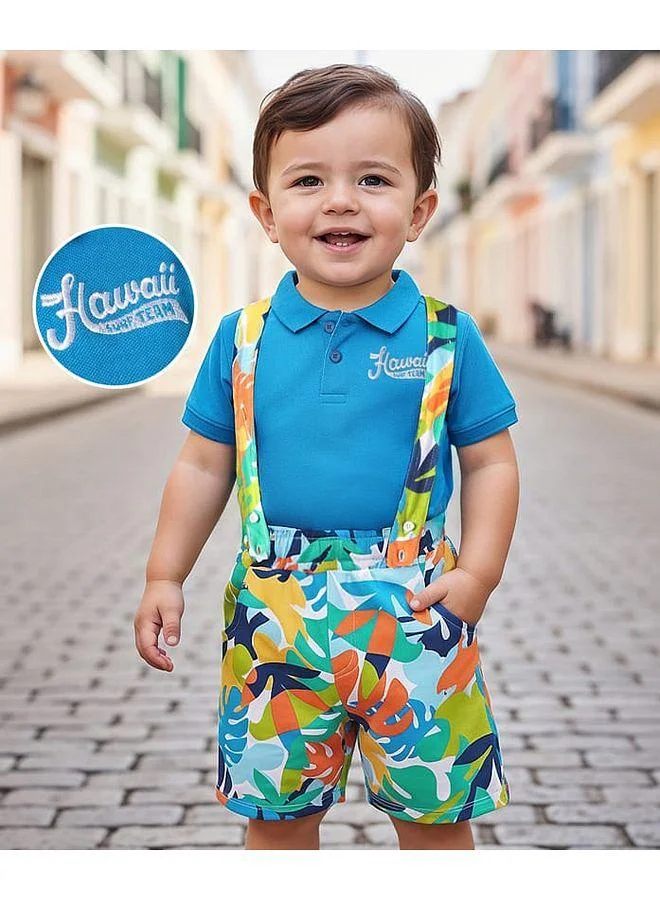 Babyhug Babyhug Single Jersey Knitted Polo T-Shirt & Shorts Set With Leaf Print & Attached Suspender - Blue
