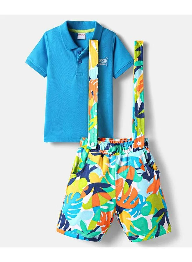 Babyhug Babyhug Single Jersey Knitted Polo T-Shirt & Shorts Set With Leaf Print & Attached Suspender - Blue