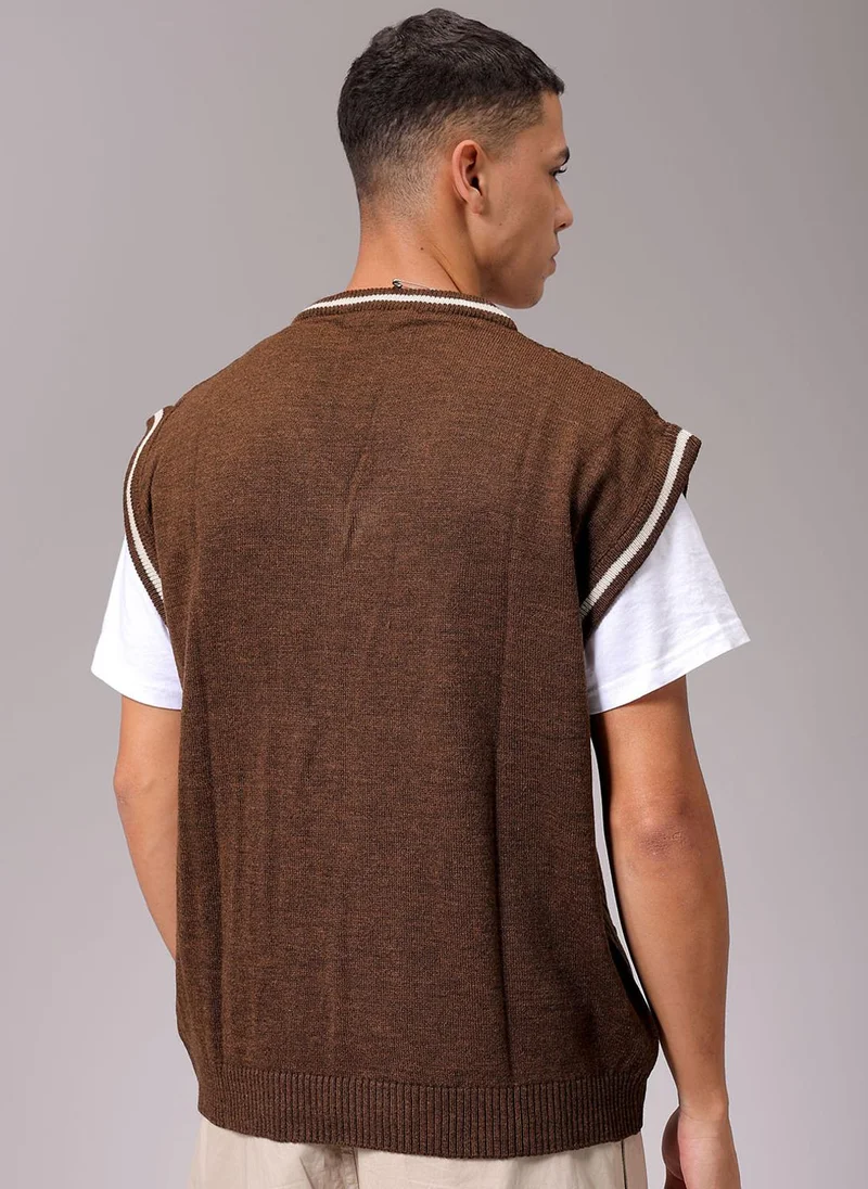 The Indian Garage Co Men Oversized Textured V-Neck Sweater