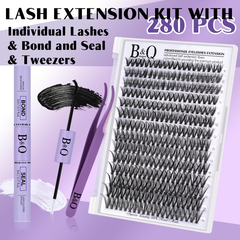B&qaugen DIY Lash Extension Kit 280pcs Individual Lashes Cluster D Curl Eyelash Extension Kit Lash Clusters with Lash Bond and Seal and Lash Applicator Tool for Self Application (KIT,30D-D-9-16MIX) - Image 2
