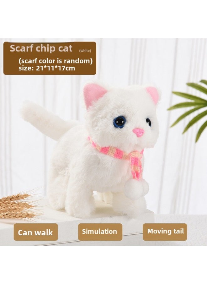 Plush Electric Cat Simulation Cry Will Walk Will Nod And Wag Tail Xiao Mao Toy Electronic Cat Girl Toy-Color:[simulation Call] Scarf Chip Cat (white)  - Image 1