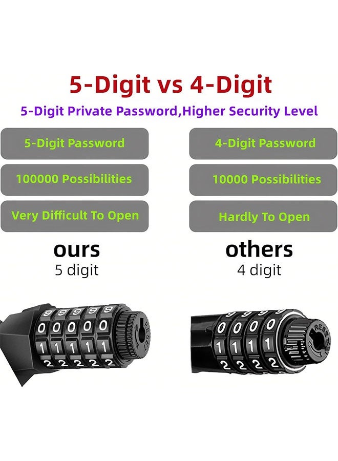 Theft Bike Locks with 5 Digit Resettable Combination Password, Security Protection Lock for Scooter, Pram, Mountain Bike and Motorcycle, Black - Image 3