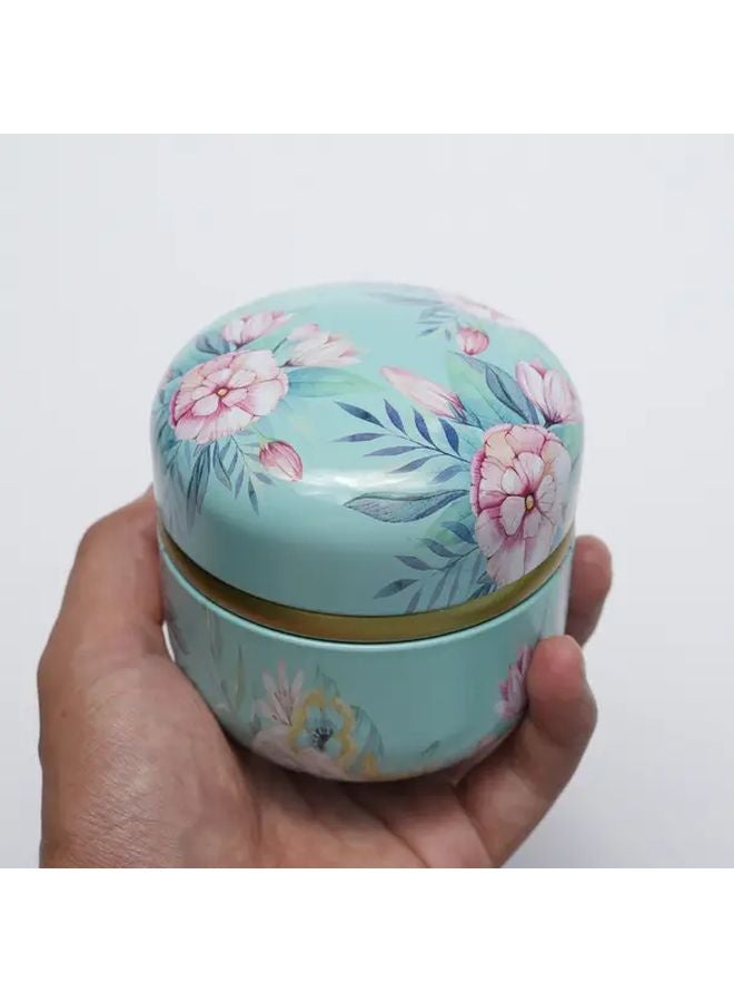 Cyan Floral Metal Storage Tin Multipurpose Canister For Tea Candles Snacks - Image 2
