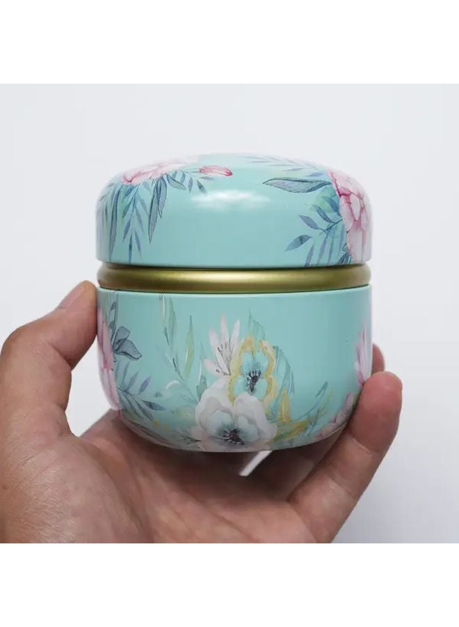 Cyan Floral Metal Storage Tin Multipurpose Canister For Tea Candles Snacks - Image 1