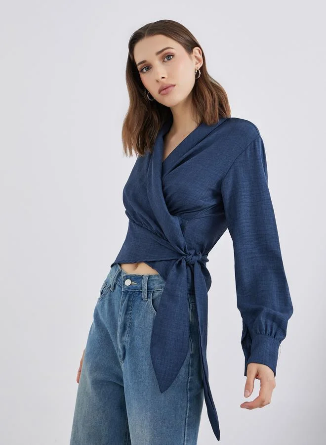 تايك تو بلوزة لف بأكمام طويلة قطعتين مع تفاصيل رباط