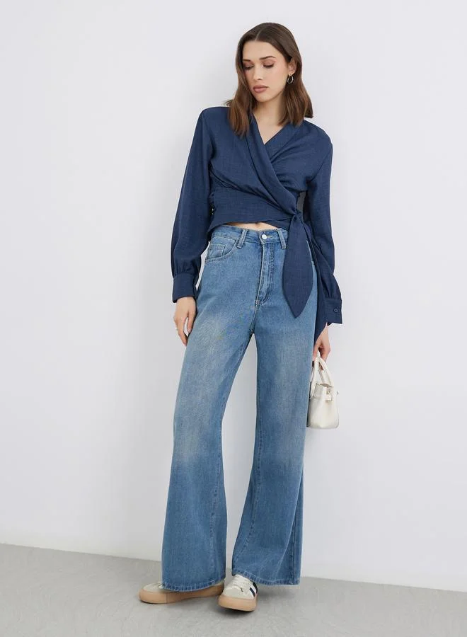 تايك تو بلوزة لف بأكمام طويلة قطعتين مع تفاصيل رباط