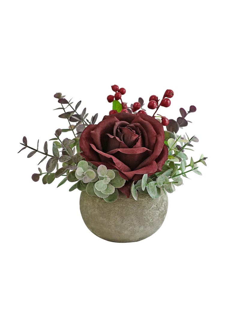 Rosscer Rosscer Artificial Flowers Kit with Pot  Combination of Fake Silk Burgundy Red Roses and Greenery Small Plant Potted Decor for Offices Bookshelf Bedroom  Living Room Party Wedding Decorations  - Image 1
