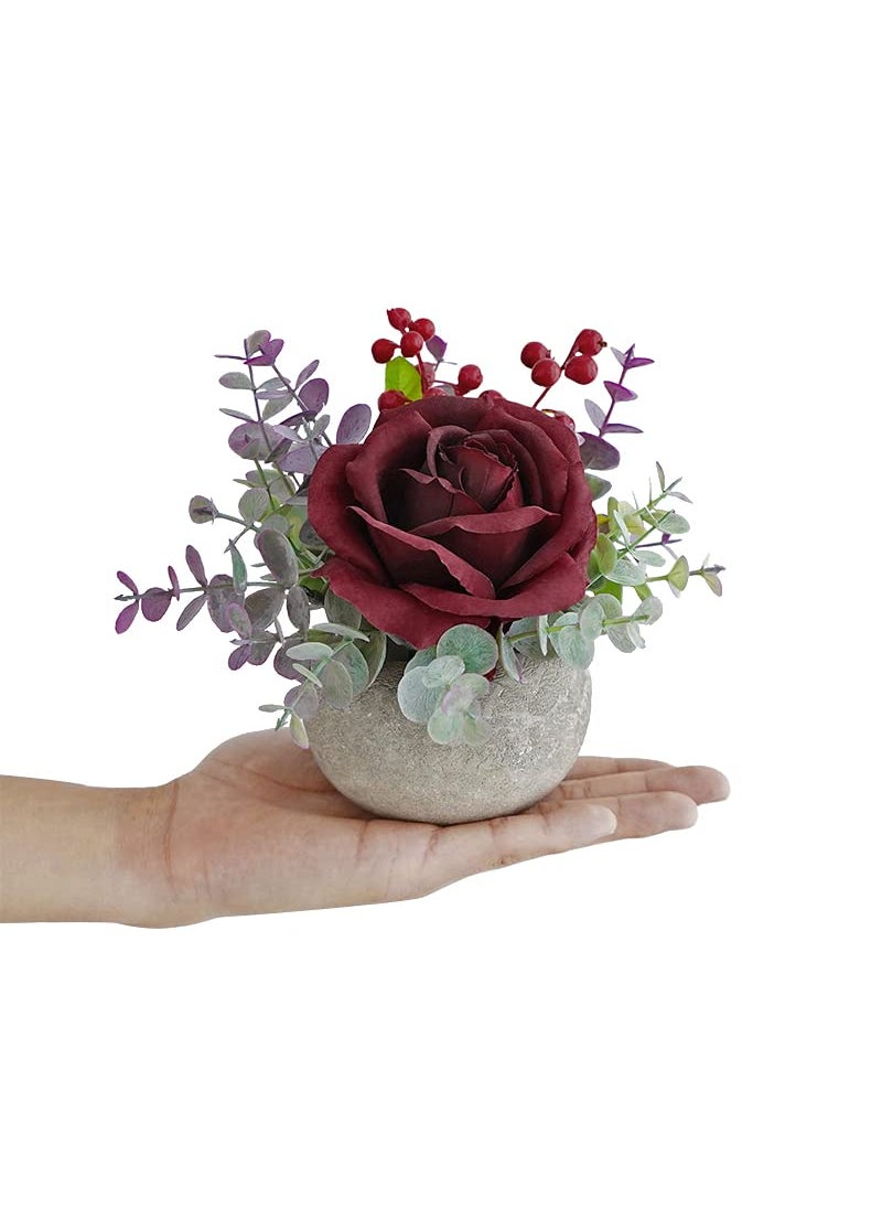 Rosscer Rosscer Artificial Flowers Kit with Pot  Combination of Fake Silk Burgundy Red Roses and Greenery Small Plant Potted Decor for Offices Bookshelf Bedroom  Living Room Party Wedding Decorations  - Image 2