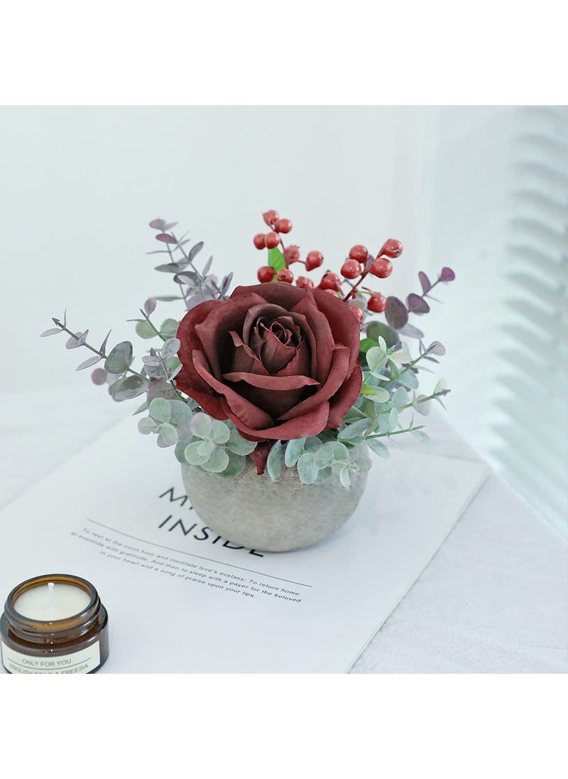 Rosscer Rosscer Artificial Flowers Kit with Pot  Combination of Fake Silk Burgundy Red Roses and Greenery Small Plant Potted Decor for Offices Bookshelf Bedroom  Living Room Party Wedding Decorations  - Image 4