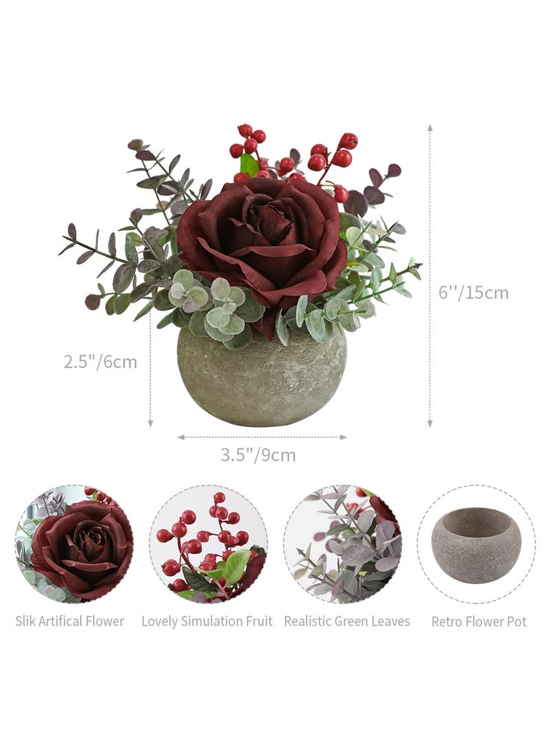 Rosscer Rosscer Artificial Flowers Kit with Pot  Combination of Fake Silk Burgundy Red Roses and Greenery Small Plant Potted Decor for Offices Bookshelf Bedroom  Living Room Party Wedding Decorations  - Image 3