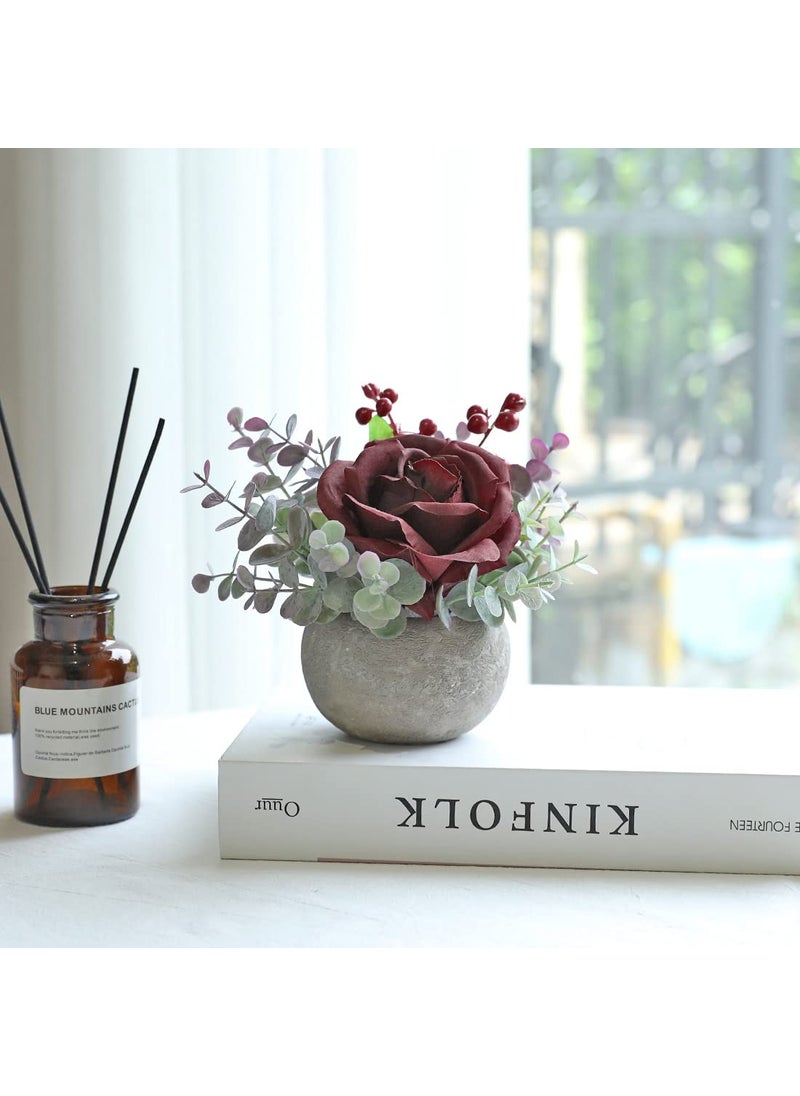 Rosscer Rosscer Artificial Flowers Kit with Pot  Combination of Fake Silk Burgundy Red Roses and Greenery Small Plant Potted Decor for Offices Bookshelf Bedroom  Living Room Party Wedding Decorations  - Image 5