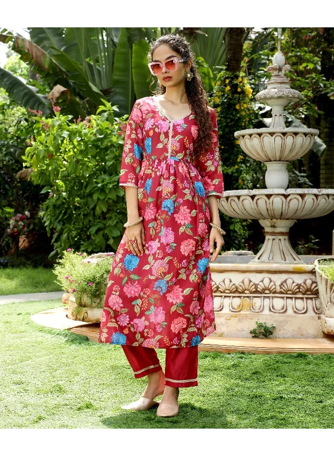 Qissa Red Women's Crimson Red Flora Cluster Kurta With Trousers And Dupatta for Women | Best Price UAE