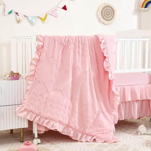 NacoMoco 3-Piece Tufted Ruffle Crib Bedding Set for Girls - Ultra Soft Baby Bedding Set Includes Boho Crib Comforter, Sheet & Skirt (Light Pink) - Image 1