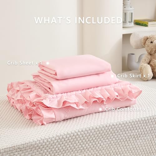 NacoMoco 3-Piece Tufted Ruffle Crib Bedding Set for Girls - Ultra Soft Baby Bedding Set Includes Boho Crib Comforter, Sheet & Skirt (Light Pink) - Image 5