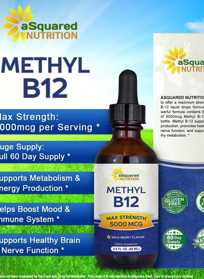 aSquared Nutrition Vitamin B12 Sublingual Liquid Drops - 5000 MCG Supplement with Methylcobalamin (Methyl B-12) - Max Absorption B 12 to Increase Energy - Vegan Friendly - 2 fl oz - Image 2