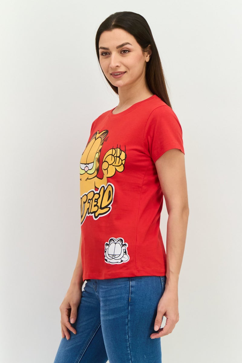 nickelodeon تي شيرت نسائي بأكمام قصيرة وياقة دائرية من غارفيلد، أحمر - Image 3