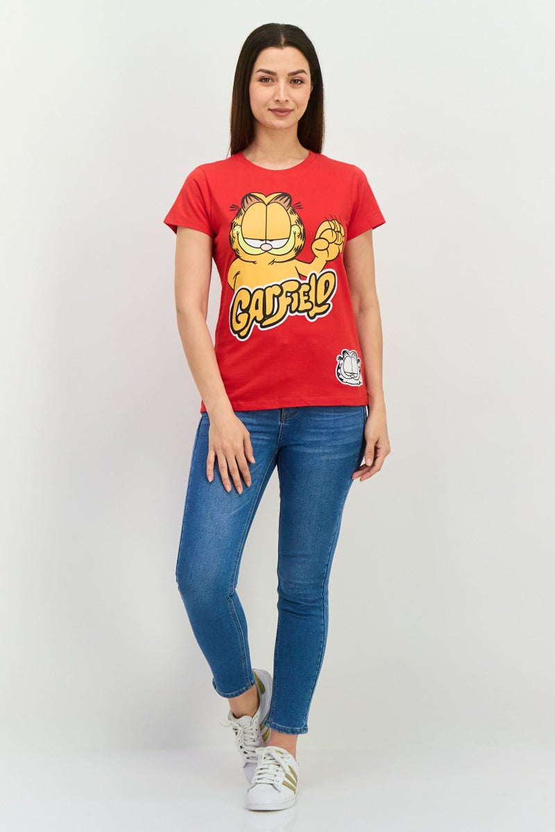 nickelodeon تي شيرت نسائي بأكمام قصيرة وياقة دائرية من غارفيلد، أحمر - Image 4
