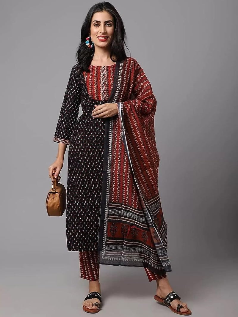 Tee Projekt Women's Cotton Blend Straight Kurta Pant with Dupatta Set ll Round Neck Kurta ll Kurta Set for Women Black - Image 2
