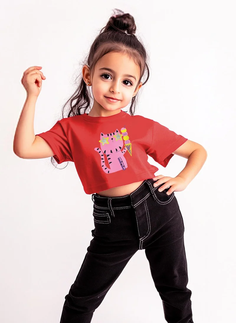 Nautinati Girls’ Graphic Print Cotton T-shirt | Crop T-shirt for 4-8 Years | Cat Graphic Print