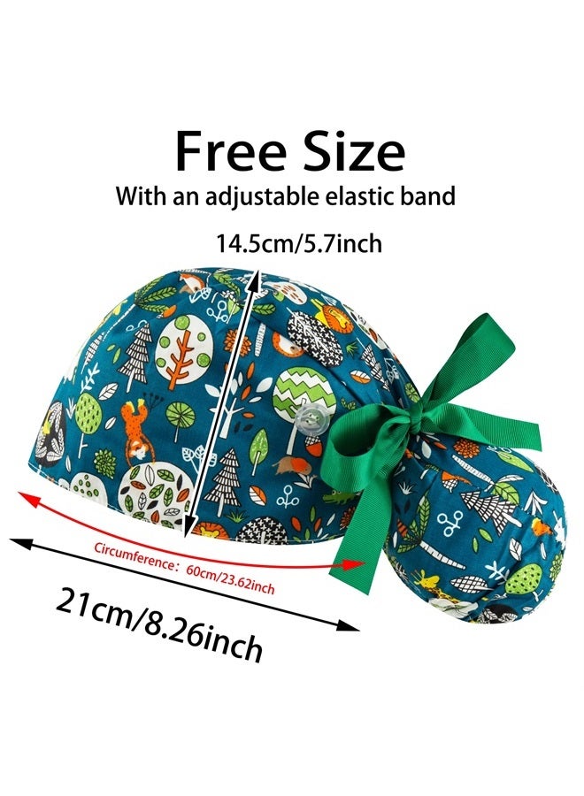 YEAJOIN Scrub Caps Women Bouffant Scrub Hats Caps for Nurses, Adjustable Working Cap with Button Ponytail Pouch Tie Back Hats for Women Long Hair Covers, 6PCS 