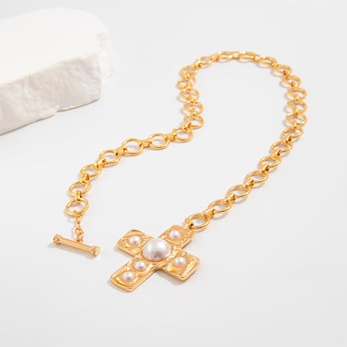 Your Always Charm Chunky Cross Necklace for Women Statement Chunky Gold Necklace Pearl Cross Pendant Necklaces Layered Vintage Toggle Clasp Necklaces Jewelry - Image 5