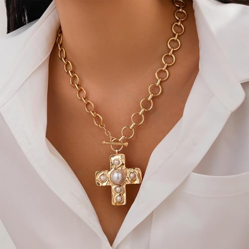 Your Always Charm Chunky Cross Necklace for Women Statement Chunky Gold Necklace Pearl Cross Pendant Necklaces Layered Vintage Toggle Clasp Necklaces Jewelry - Image 2