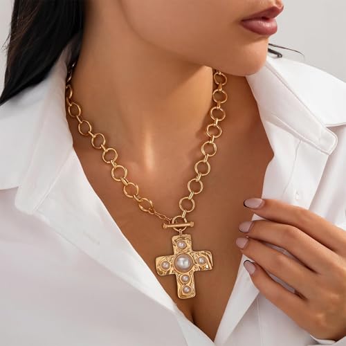 Your Always Charm Chunky Cross Necklace for Women Statement Chunky Gold Necklace Pearl Cross Pendant Necklaces Layered Vintage Toggle Clasp Necklaces Jewelry - Image 3