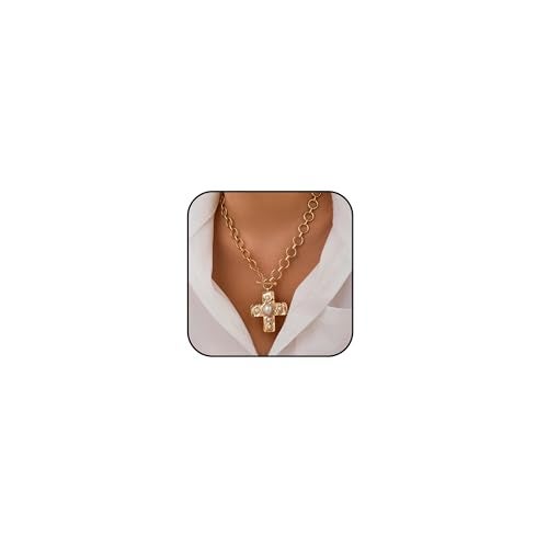 Your Always Charm Chunky Cross Necklace for Women Statement Chunky Gold Necklace Pearl Cross Pendant Necklaces Layered Vintage Toggle Clasp Necklaces Jewelry - Image 1