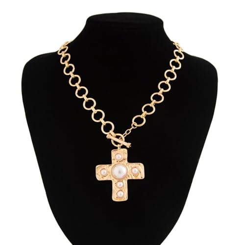 Your Always Charm Chunky Cross Necklace for Women Statement Chunky Gold Necklace Pearl Cross Pendant Necklaces Layered Vintage Toggle Clasp Necklaces Jewelry - Image 4