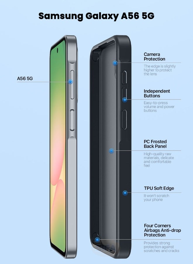 Samsung Galaxy A56 Cover with HD Tempered Glass Screen Protector, Slim Frosted Hard Case, [Four Corners Anti Drop][Anti Fingerprint][No Yellowing] Translucent Shockproof Skin Friendly Back Cover for Samsung Galaxy A56 5G 6.7 inch (1+1 Pack)
