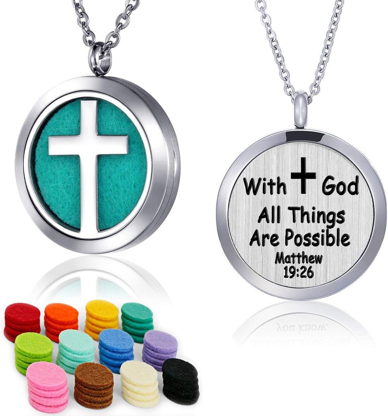 Essential Oil Necklace Diffuser Family Tree of Life Necklace Pendant Aromatherapy Locket (Cross Diffuser Necklace)