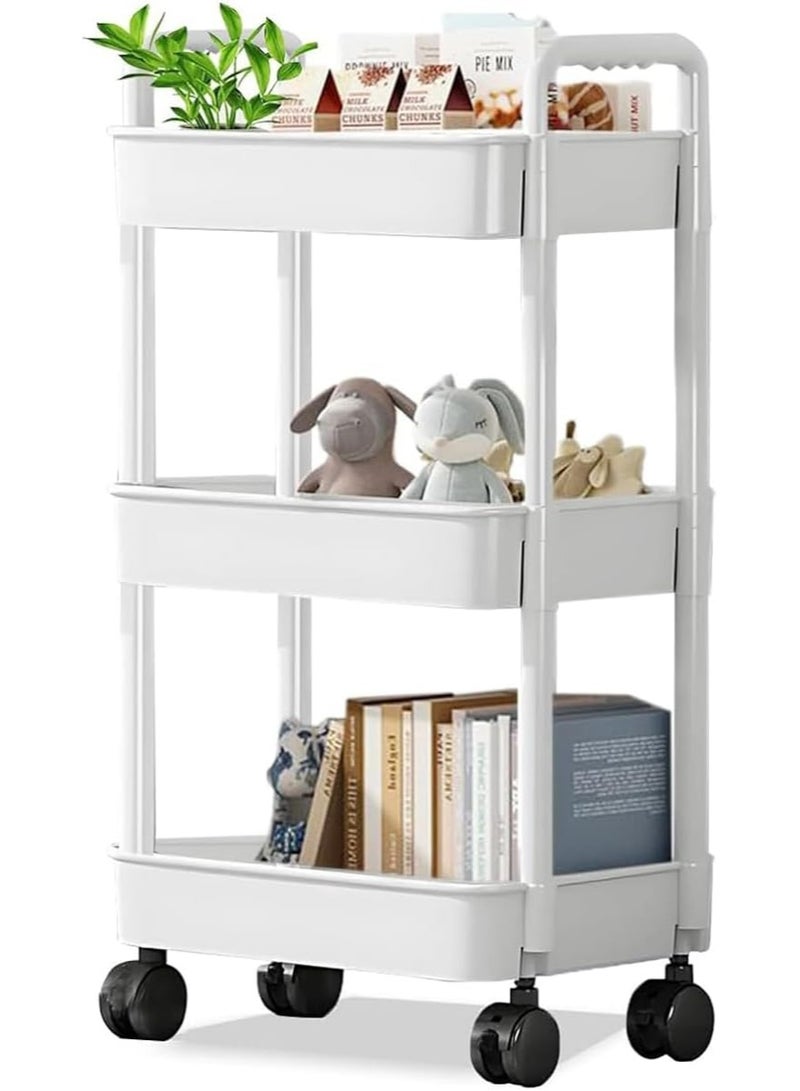عربة تخزين بلاستيكية بثلاث طبقات، رف حمام، عربة دوارة، رف تخزين معزز بعجلات للمكتب وغرفة المعيشة والمطبخ والحمام، رفوف تخزين باللون الأبيض