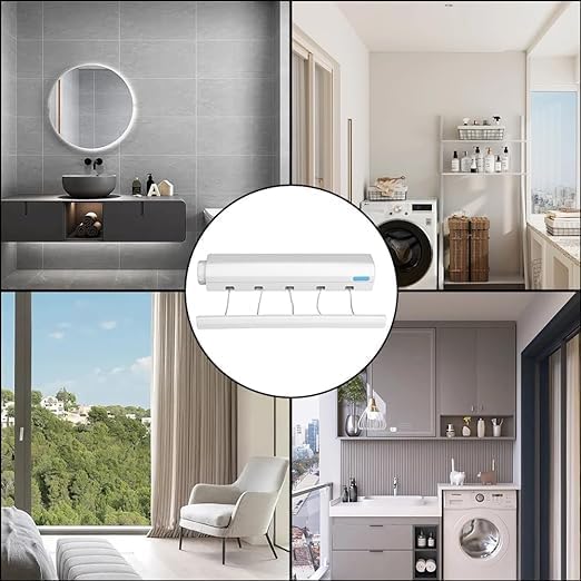 DORATIK Retractable Clothesline Telescopic Indoor Outdoor Wall Mounted Clothes Dryer Line Drying Rope Hanger 4Line for Indoor Outdoor Laundry Drying - Image 5