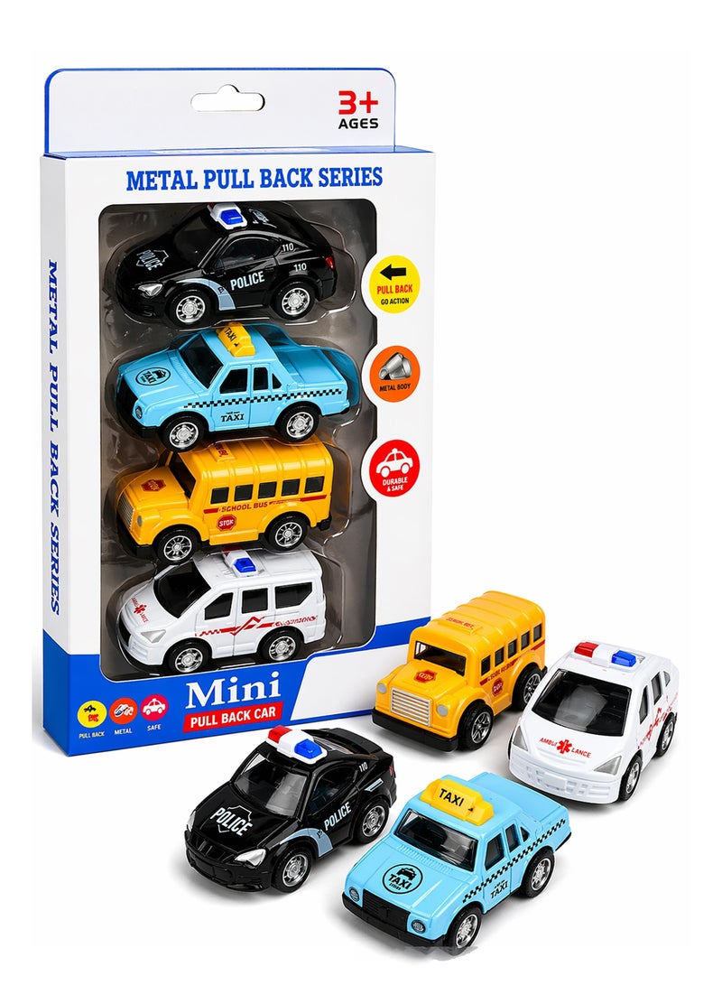 Die Cast Metal Pull Back Cars Pack of 4, Mini Alloy Toy Vehicles Set for Kids, Friction Powered No Battery Cars, Police Taxi Ambulance School Bus Toy Gift for Boys Girls 3+ - Image 1