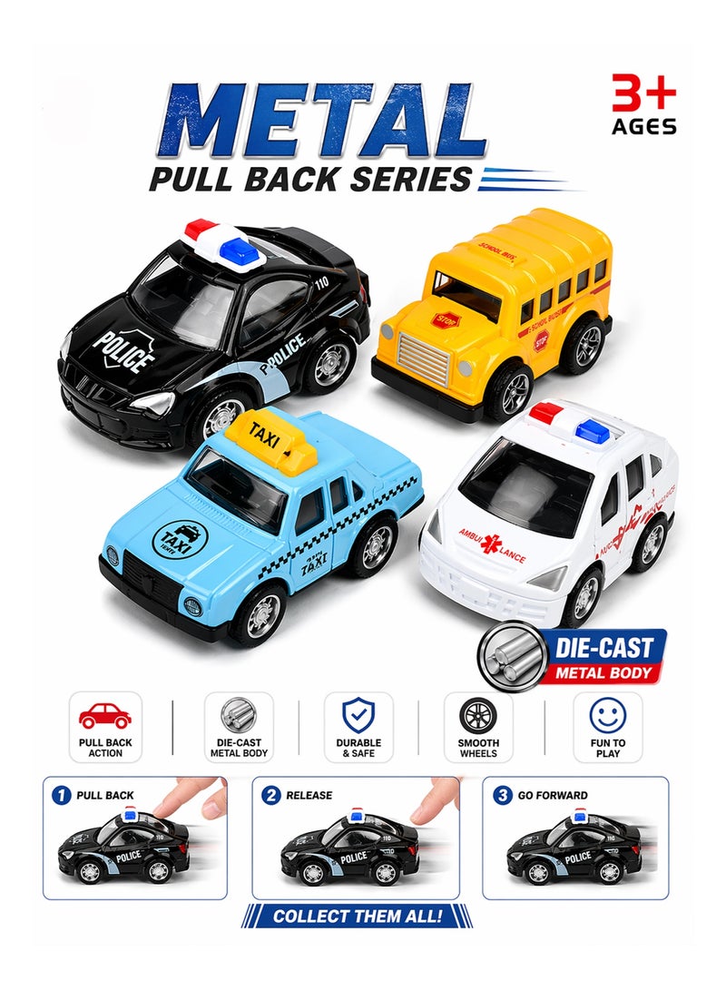 Die Cast Metal Pull Back Cars Pack of 4, Mini Alloy Toy Vehicles Set for Kids, Friction Powered No Battery Cars, Police Taxi Ambulance School Bus Toy Gift for Boys Girls 3+ - Image 2
