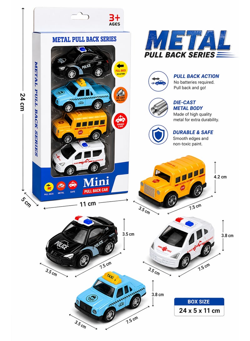 Die Cast Metal Pull Back Cars Pack of 4, Mini Alloy Toy Vehicles Set for Kids, Friction Powered No Battery Cars, Police Taxi Ambulance School Bus Toy Gift for Boys Girls 3+ - Image 3