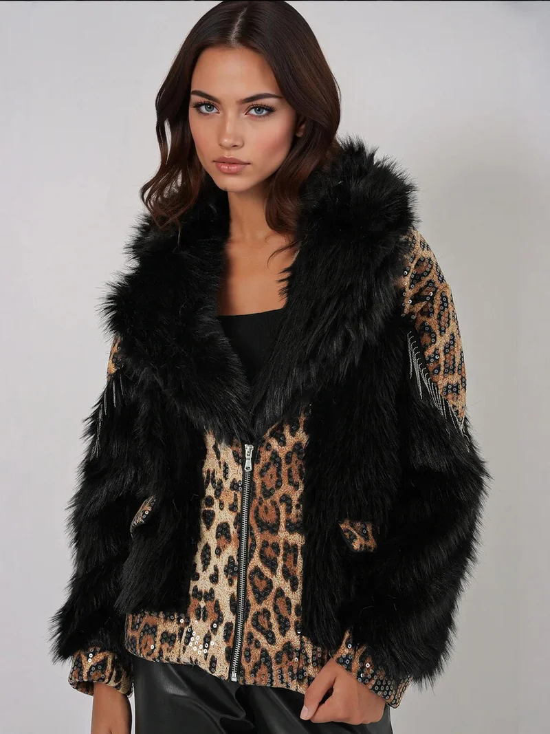 بيغ دارت معطف فرو صناعي بنقشة الفهد مع بوم بوم