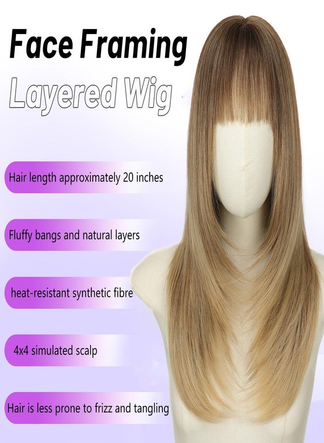 AISI HAIR 【Beginner Friendly Wigs】 Ombre Blonde Wig with Bangs for Women, Middle Length NaturalLayered Straight Wig for Daily Party - Image 2