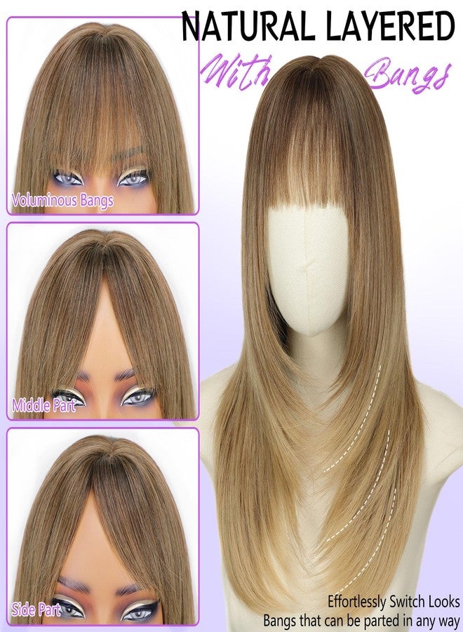 AISI HAIR 【Beginner Friendly Wigs】 Ombre Blonde Wig with Bangs for Women, Middle Length NaturalLayered Straight Wig for Daily Party - Image 4