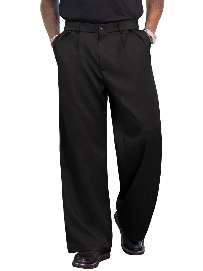 PLEPAN Men's Wide Leg Dress Pants Baggy Pleated Casual Trousers Relaxed Fit Elastic Waist Business Slacks with Pockets Black Large - Image 5