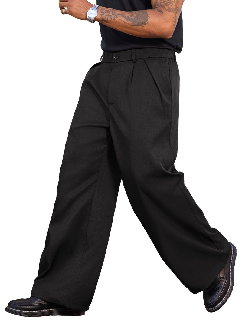 PLEPAN Men's Wide Leg Dress Pants Baggy Pleated Casual Trousers Relaxed Fit Elastic Waist Business Slacks with Pockets Black Large - Image 2