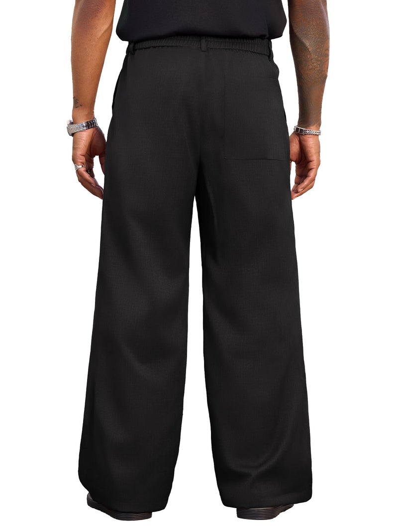 PLEPAN Men's Wide Leg Dress Pants Baggy Pleated Casual Trousers Relaxed Fit Elastic Waist Business Slacks with Pockets Black Large - Image 4