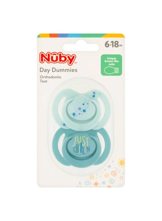 Nuby Daytime Soothers, 2-Pack, Orthodontic Baby Pacifiers for 6-18 Months, Comfort Dummies for Everyday Soothing and Oral Development, Assorted