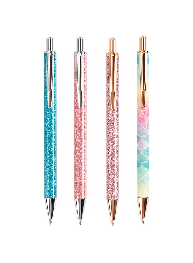 Ballpoint Pens, 4 Pieces Glitter Ballpoint Retractable Press Pens Black Ink Medium 1.0mm Gift Journaling Pretty Pens School Office Supplies for Students Teachers Staff Girls Boys