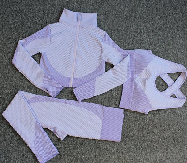 Striped Seamless Yoga Suit Long Pants Bra Set Light purple  - Image 1